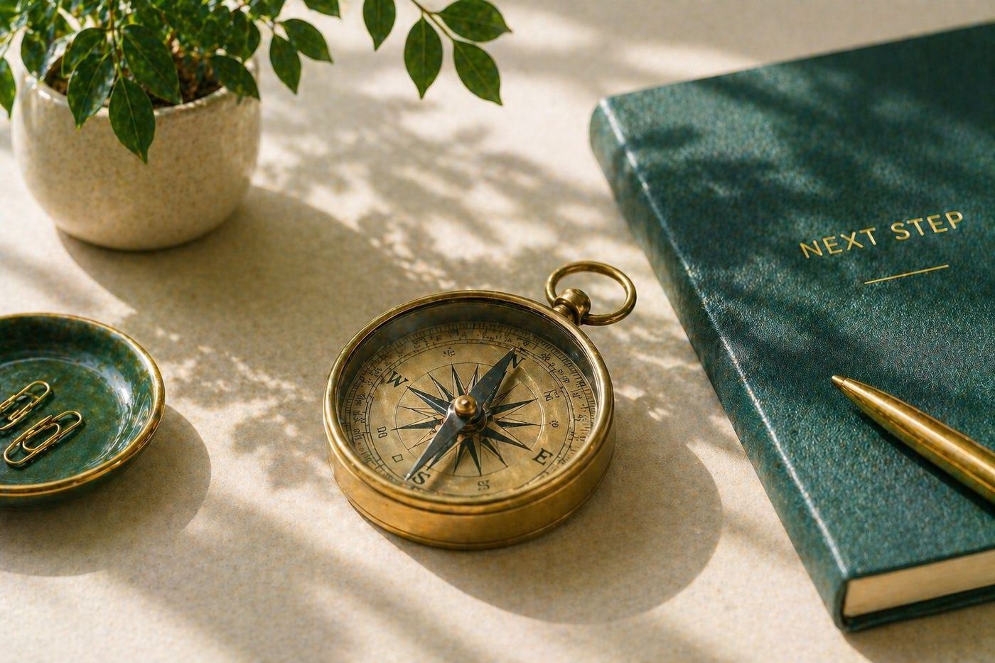 A brass compass beside a leather notebook embossed with the words Next Step, on a sunlit linen surface